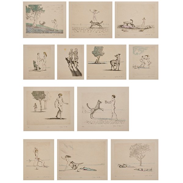 John Wilde, (American, 1919-2006), The Story of Jane &: John Wilde, (American, 1919-2006), The Story of Jane & Joan, (twelve prints), 1977, etchings, signed, dated and numbered in pencil, edition of 25, 5.25" x 6.75" and, 6.75" x 5.25" (each) Provenance: C