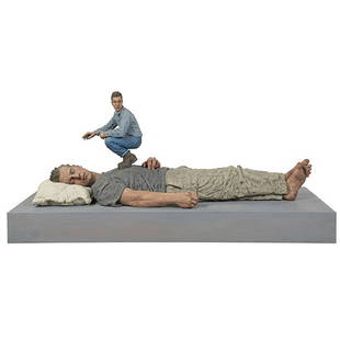 Sean Henry, (British, b. 1965), Lying Man: Sean Henry, (British, b. 1965), Lying Man, 1999, bronze, oil paint, perspex, wood, edition 2/5, 22"h x 48"w x 21"d. Provenance: Provenance: Acquired directly from the artist