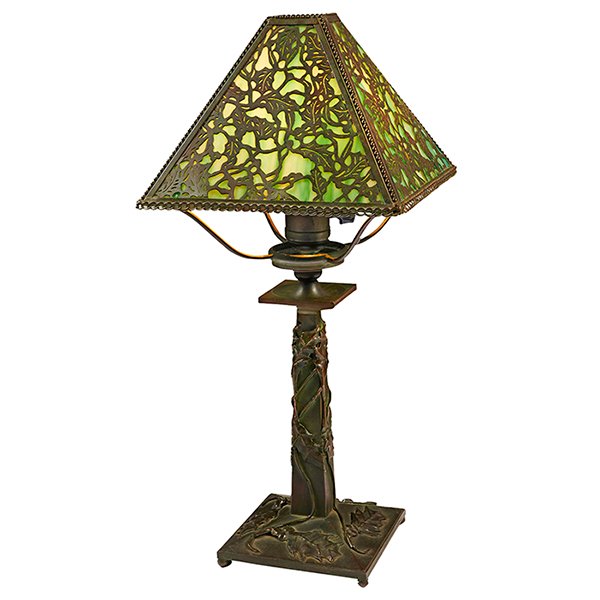 Riviere Brass & Bronze Works / Riviere Studios boudoir: Riviere Brass & Bronze Works / Riviere Studios, boudoir lamp, New York, NY, patinated bronze, slag glass, 8.25"sq x 17.75"h