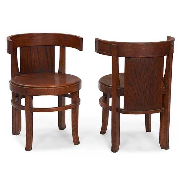 Frank Lloyd Wright (1867-1959) for the Frank L. Smith: Frank Lloyd Wright (1867-1959) for the Frank L. Smith Bank, Barrel Back chair, Dwight, IL, 1905, oak, 19.75"w x 19"d x 28.5"h