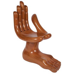 Pedro Friedeberg Hand and Foot Chair signed: Pedro Friedeberg (Mexican/American, b. 1936) Hand and Foot Chair, 1960s, carved Mexican mahogany, burned incised signature "Pedro Friedeberg", 36.5"h x 18"w x 32"d