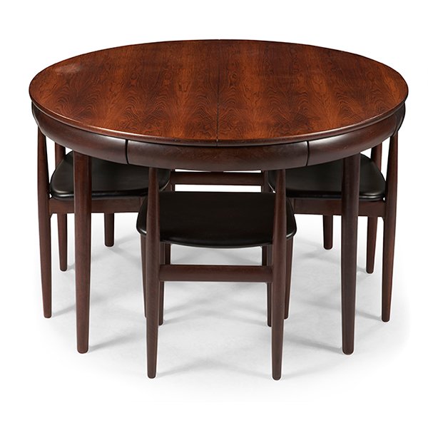 Hans Olsen Frem Rojle Mobelfabrik rosewood dining set: Hans Olsen (1919-1992) for Frem Rojle Mobelfabrik, dining set, Denmark, 1960s, rosewood top, teak base and chairs, black vinyl, table and three chairs stamped "Frem Rojle Made in Denmark", one 20" sel