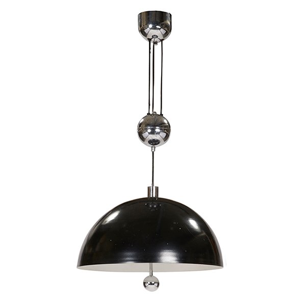 Mid-century Modern, in the manner of Kovacs & Sonneman: Mid-century Modern, in the manner of Kovacs & Sonneman, hanging lamp, USA, 1960s, chromed steel, enamled aluminum, plexiglas, unsigned, adjustable height; ball counterweight, as shown: 20"dia x 40"h