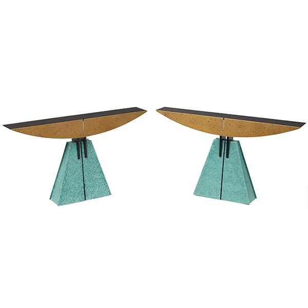 Robert Sonneman for George Kovacs table lamps, pair: Robert Sonneman (American, 20th c.) for George Kovacs, table lamps, pair, USA, 1990s, enameled and painted metal, glass, each with Sonneman/Kovacs label, 26.5"w x 4"d x 15.25"h