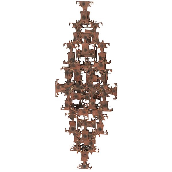 Marc Weinstein for Marc Creates LLC wall sculpture 42"w: Marc Weinstein for Marc Creates LLC, wall sculpture, St. Louis, MO, USA, 1960s-70s, welded metal, signed with round Marc Creates label, 42"w x 5"d x 15.75