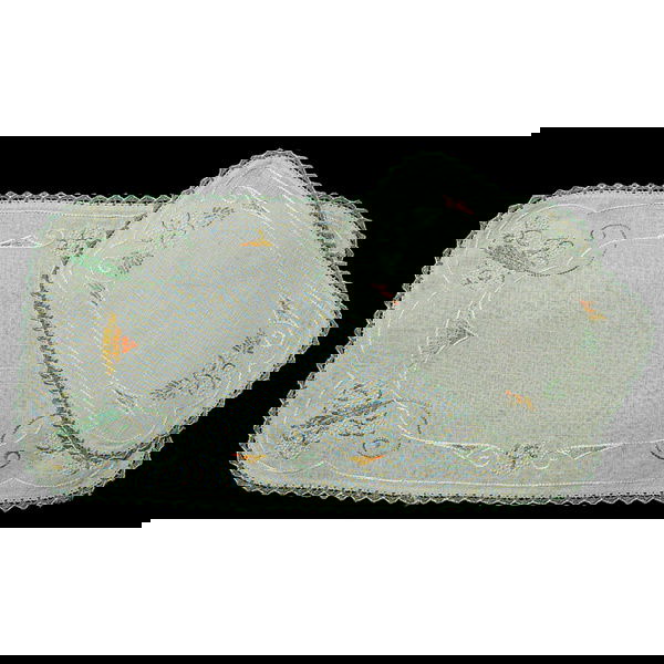 Arts & Crafts linens, five pieces: Arts & Crafts linens, five pieces, table runners (2), table mat and doilies (2) (examples shown), embroidered stylized floral design, largest is 40"l; with (not shown): tablecloth, stylized floral des