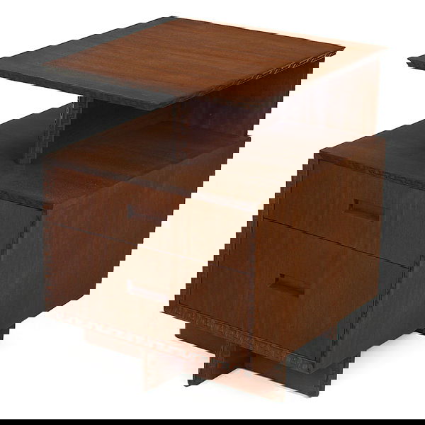 Frank Lloyd Wright cabinet: Frank Lloyd Wright cabinet, manufactured by Heritage Henredon, square top over a divided open shelf and two drawers with recessed handles, Taliesin design at edges, fine original finish, signed with s