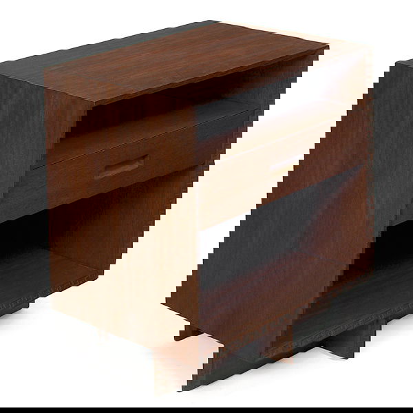 Frank Lloyd Wright cabinet,: Frank Lloyd Wright cabinet, manufactured by Heritage Henredon, single drawer with recessed handle divides open shelves, Taliesin design at edges, signed with red monogram and script signature, fine or