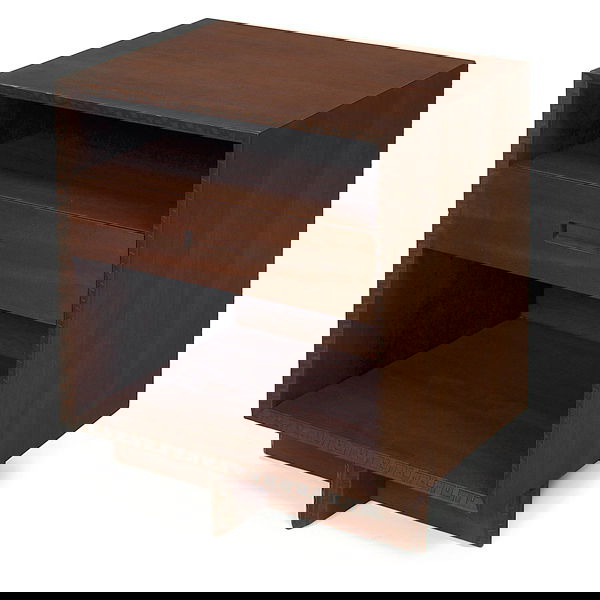 Frank Lloyd Wright cabinet: Frank Lloyd Wright cabinet, manufactured by Heritage Henredon, single drawer with recessed handle divides two open shelves, Taliesin design at edges, signed with red monogram and script signature, fin