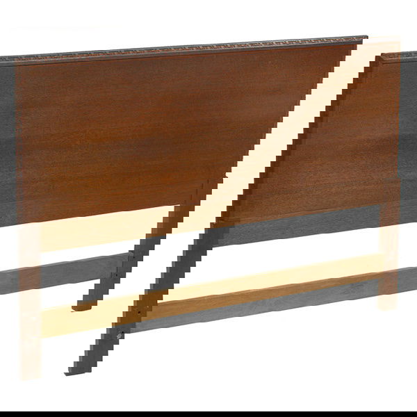 Frank Lloyd Wright headboard: Frank Lloyd Wright headboard, manufactured by Heritage Henredon, full size bed with Taliesin design at edge, original finish, signed with scriptFrank Lloyd Wright table, manufactured by Heritage Henre