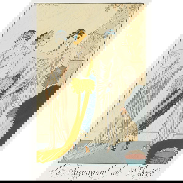 Georges Barbier (French, 1882-1932) "Le Jugement d: Georges Barbier (French, 1882-1932) "Le Jugement de Paris", print, signed, dated 1923, matted, framed, 6" x 4