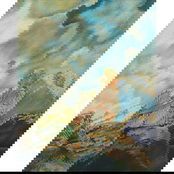 American School, Landscape oil: American School, style of Maxfield Parrish, "Girl in a Landscape", c.1930; oil/canvas, 30" x 24", unsigned, nice quality work