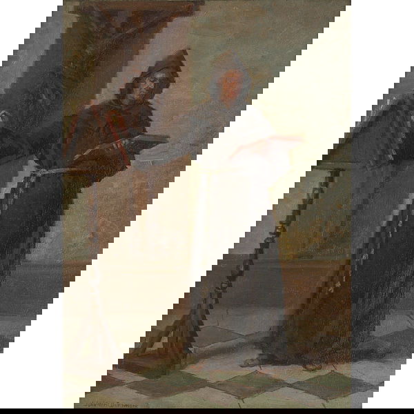 John Ward Dunsmore, The Monk, oil: John Ward Dunsmore (American, 1856-1945), "The Monk", oil on board, signed, original frame with label from the Salmagundi Club, Thumb-box Exhibition on verso, 10.5" x 7.5".