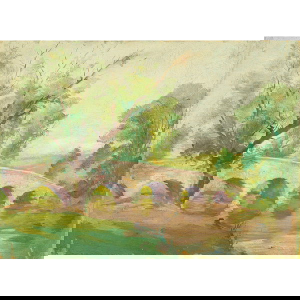 John Ward Dunsmore, Footbridge, oil: John Ward Dunsmore (American, 1856-1945), attribution, "Footbridge", oil on canvas laid down on board, unsigned, unframed, 8" x 11".