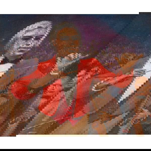 Albert Pels, The Conductor, oil: Albert Pels (American, 1910-1998), "The Conductor", c. 1950; oil/canvas, 16" x 20", signed. Pels was born in Cincinnati, and studied at the Cincinnati Academy of Art and the University of Cincinnati.