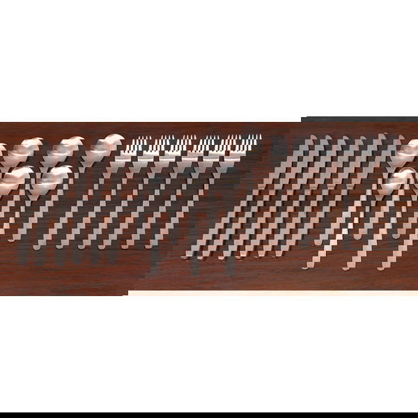 Russel Wright Pinch stainless flatware: Russel Wright Pinch stainless flatware, by Hull, made in Japan, set of 13 pieces, including six forks, six soup spoons and one teaspoon, six knives from another Hull pattern, marked "Russel Wright Jap