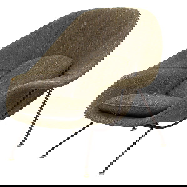 Eero Saarinen Womb chair, by Knoll Associates: Eero Saarinen Womb chair, by Knoll Associates, original brown wool upholstery over a black steel frame with original glides, marked with Knoll labels, 40"w x 34"d x 35.5"h, upholstery and foam in poor