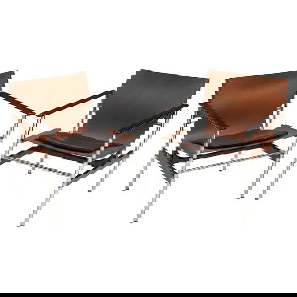 Charles Pollock armchairs, pair, by Knoll: Charles Pollock armchairs, pair, by Knoll, 1960s, original brown leather sling seats and black leather seat cushion in a tubular frame with black enameled cast aluminum armrests, Knoll Associates labe