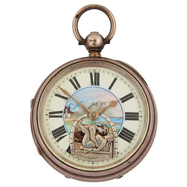 Erotic Window Scene automaton open face pocket watch: Erotic, Window Scene automaton open face pocket watch, English silver case, 2 1/8"dia.