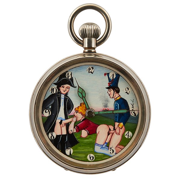 Erotic Two Soldiers and a Woman open face pocket watch: Erotic, Two Soldiers and a Woman open face pocket watch, 2"dia.