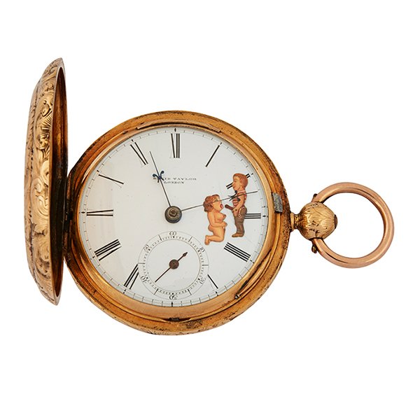 David Taylor erotic hunting case pocket watch: David Taylor, erotic hunting case pocket watch, London, 18K yellow gold, 2" dia.