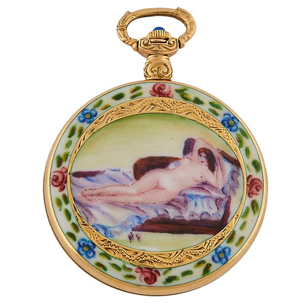 Arnex Time Co, Inc. Reclining Nude erotic open face: Arnex Time Co, Inc., Reclining Nude erotic open face pocket watch, Swiss, 18K yellow gold, polychrome enamel, 1.5" dia.