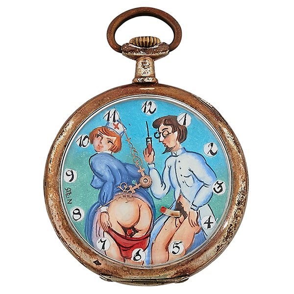 Erotic Doctor and Nurse open face pocket watch: Erotic, Doctor and Nurse open face pocket watch, .800 silver case, 2"dia.