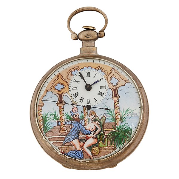 Chinese for the Middle Eastern Market erotic open face: Chinese for the Middle Eastern Market, erotic open face pocket watch, polychrome painted dia.l, silver case, 2 1/8"dia.