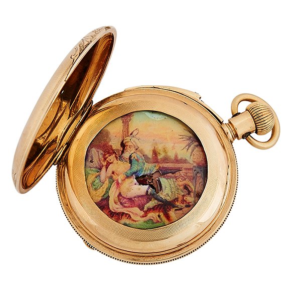 Concealed Erotic, Late 19th or Early 20th Century: Concealed Erotic, Late 19th or Early 20th Century, Arabian Nights automaton hunting case pocket watch, 2 1/8"dia.