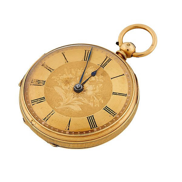 Swiss, Early 20th Century Floral Bouquet concealed: Swiss, Early 20th Century, Floral Bouquet concealed erotic open face pocket watch, 18K yellow gold case, polychrome enamel, 1 3/4"dia.