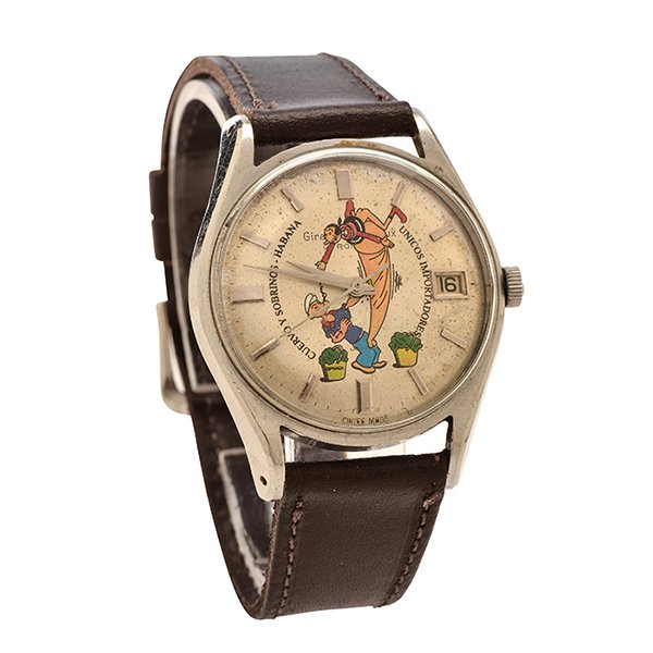 Girard Perregaux Popeye and Olive Oil erotic chromatic: Girard Perregaux, Popeye and Olive Oil erotic chromatic wristwatch, La Chaux-de-Fonds, Switzerland, polychrome painted dia.l, brown leather band, face: 1.25"dia.