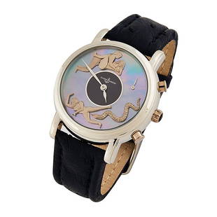 Ulysse Nardin erotic automated wristwatch: Ulysse Nardin, erotic automated wristwatch, Le Locle, Switzerland, circa 1996, platinum, mother-of-pearl, cobalt enamel, blue ostrich leather band, Edition 12/28, with original case and box, 1.5"dia.