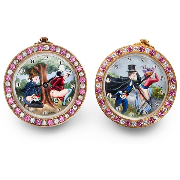 Doxa Al Fresco erotic ball clocks, two: Doxa, Al Fresco erotic ball clocks, two, with rhinestones, each signed, 3"dia. x 2"h