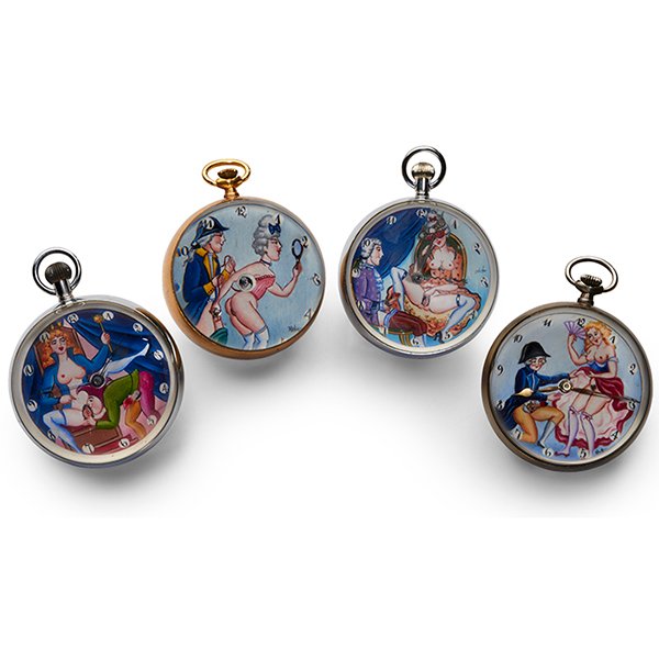 Erotic 18th Century Costumes and Queen with Jester: Erotic, 18th Century Costumes and Queen with Jester themed ball clocks, four, two signed Doxa, each: 2.5"dia. x 2.25"h