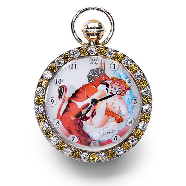 Corum Devil and Angel Hours of Love Collector's Series: Corum, Devil and Angel Hours of Love Collector's Series erotic ball clock, La Chaux-de-Fonds, Switzerland, sterling silver, glass, rhinestones, limited edition 110/500, with original fitted box, 3"dia
