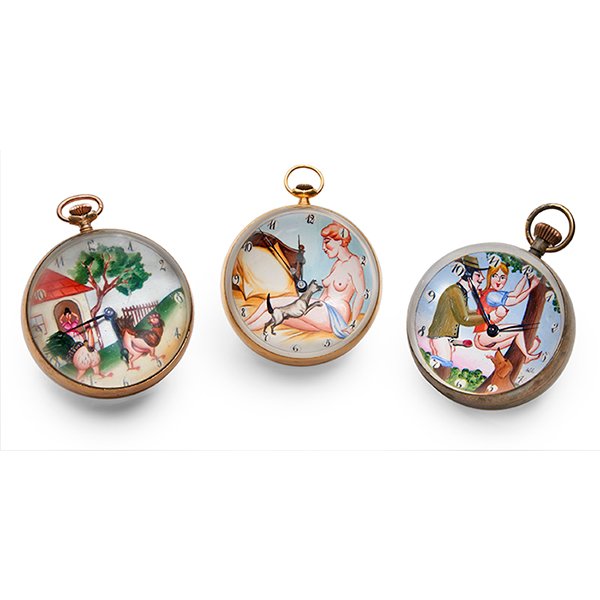 Erotic Animal related / themed ball clocks, four: Erotic, Animal related / themed ball clocks, three, one signed Omega, one signed Doxa, one signed Movhnr, 2.5"dia. x 2.25"h