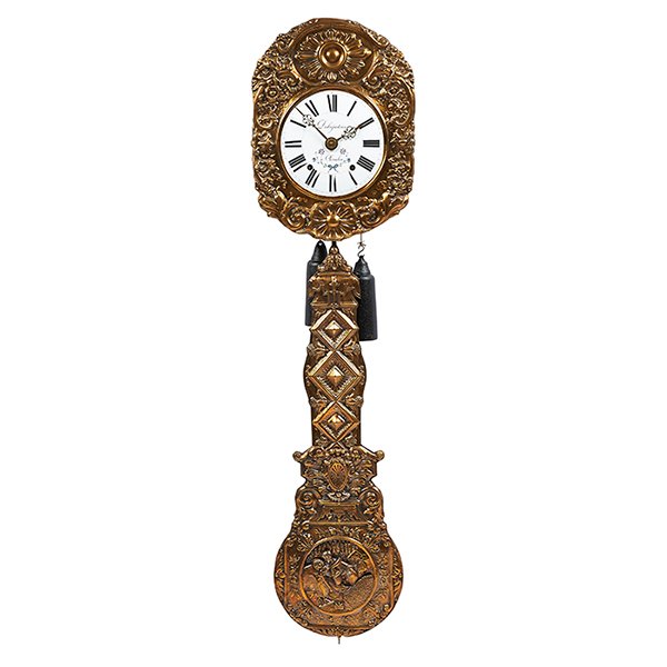 Erotic morbier or "wag-on-the-wall" clock: Erotic, morbier or "wag-on-the-wall" clock, brass, enamel, 13.5"w x 6.25"d x 55"h