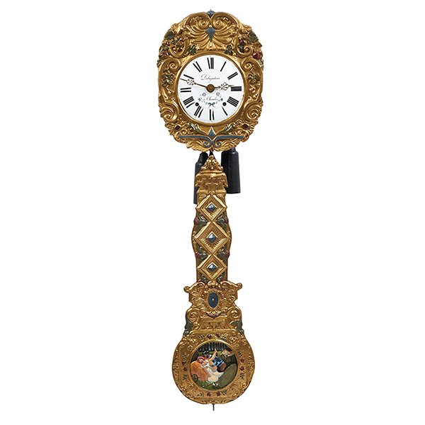 Erotic morbier or "wag-on-the-wall" clock: Erotic, morbier or "wag-on-the-wall" clock, brass, enamel, polychrome paint, 14"w x 6.5"d x 55"h