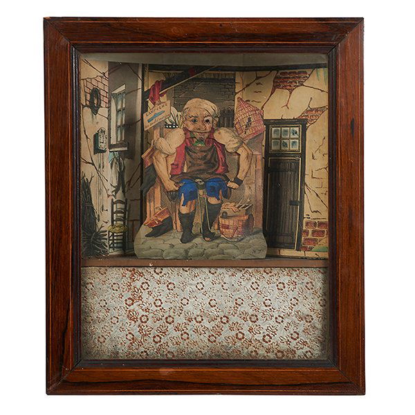 German Cobbler automaton living picture: German, Cobbler automaton living picture, paper, wood, glass, 13.25"w x 5"d x 15 3/4"h