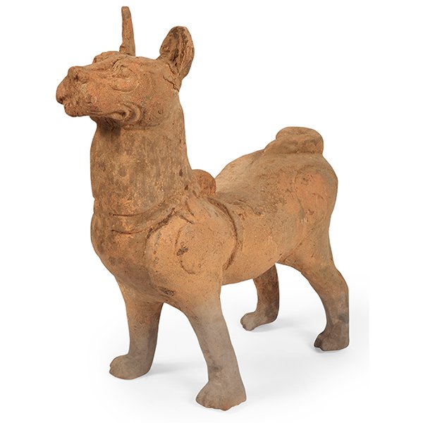 Chinese, Han Dynasty figure of a standing dog: Chinese, Han Dynasty, figure of a standing dog, terracotta, 20.5"w x 8.25"d x 21.25"h