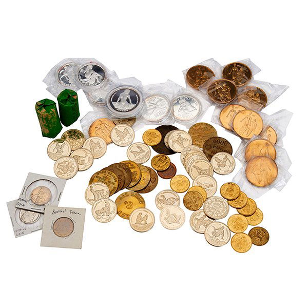 Erotic brothel tokens, novelty trick coins, silver: Erotic, brothel tokens, novelty trick coins, silver bullion and others (109 examples), largest: 1 3/4"dia.