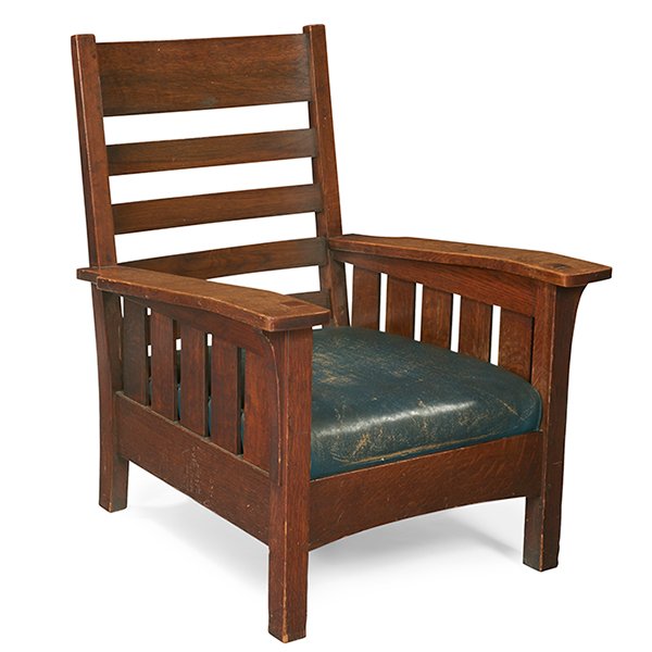 L & JG Stickley chair, #426 32.5"w x 34"d x 40"h: L & JG Stickley, chair, #426, Fayetteville, NY, oak, signed "The Work Of", 32.5"w x 34"d x 40"h