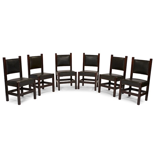L & JG Stickley from The Onondaga Shops side chairs,: L & JG Stickley from The Onondaga Shops, side chairs, #793, set of six, Fayetteville, NY, oak, leather, unsigned, 19.5"w x 17"d x 35.5"h