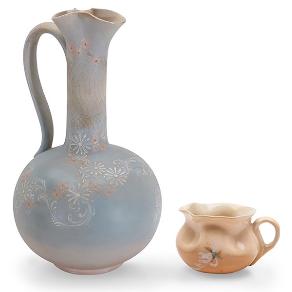 Matthew Daly (1860-1937) for Rookwood Pottery ewer,: Matthew Daly (1860-1937) for Rookwood Pottery, ewer, #101A, Cincinnati, OH, 1888, Dull Finish glazed ceramic, signed, dated, numbered, together with a Mary Perkins for Rookwood Pottery creamer, #330,