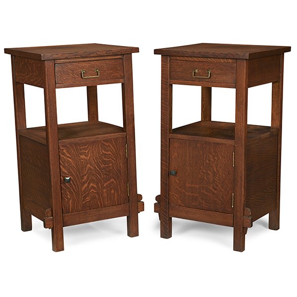 Arts & Crafts somno, pair 18"w x 18"d x 34"h: Arts & Crafts, somno, pair, oak, brass, unsigned, 18"w x 18"d x 34"h