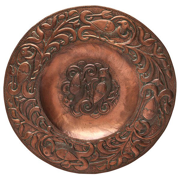 John Pearson plaque 13.5"dia x 7.5"h: John Pearson, plaque, English, circa 1895, copper, etched signature, dated, 13.5"dia x 7.5"h
