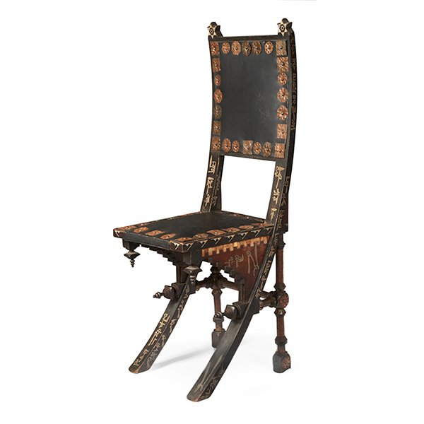 Carlo Bugatti (1856-1940) chair 14"w x 15"d x 40"h: Carlo Bugatti (1856-1940), chair, Italy/ France, 1st quarter 20th century, ebonized wood, copper, bone, pewter, unsigned, 14"w x 15"d x 40"h