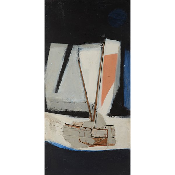 Robert Helmer, (American, 1922-1990), Barge Beached,: Robert Helmer, (American, 1922-1990), Barge Beached, 1965, oil on masonite, signed and dated, 48" x 24" Provenance: Provenance: Orleans Gallery (label on verso)