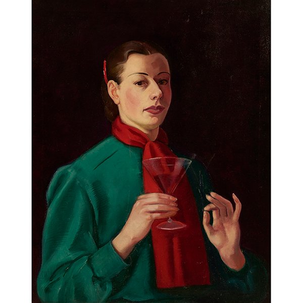 Macena Barton, (American, 1901-1986), Self Portrait: Macena Barton, (American, 1901-1986), Self Portrait with a Cocktail, oil on canvas, signed lower right, 30" x 24"