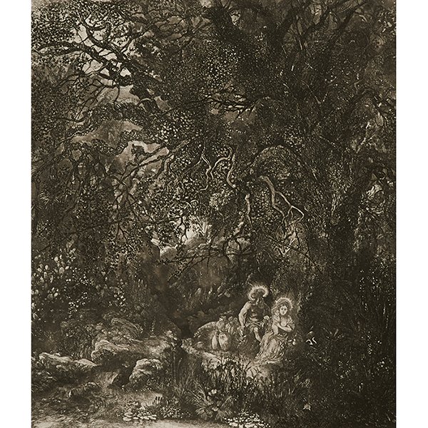Rodolphe Bresdin, (French, 1822-1885), Repos en Egypte: Rodolphe Bresdin, (French, 1822-1885), Repos en Egypte a l'Ane Broutant, 1871 (printed in 1975), etching, edition of 243, 9" x 7.75"